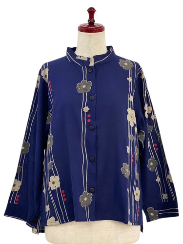 Mao Collar Jacket - Blossom Path Print - Blue