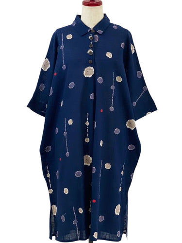 Collared Dress - Drops Print - Dark Blue