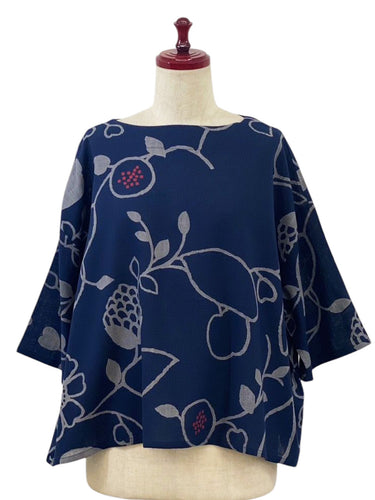 Back Button Pullover - Fruits Vine Print - Dark Blue