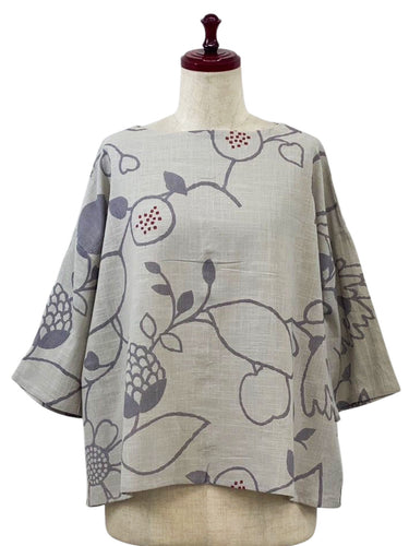 Back Button Pullover - Fruits Vine Print - Light Grey
