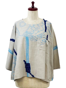 Gathered Pullover - Sea Bream Print - Light Grey