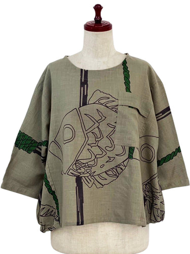 Gathered Pullover - Sea Bream Print - Light Khaki