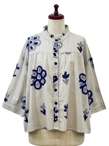 Frilled Collared Jacket - Bloom Print - Light Grey