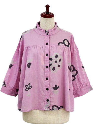 Frilled Collared Jacket - Bloom Print - Pink