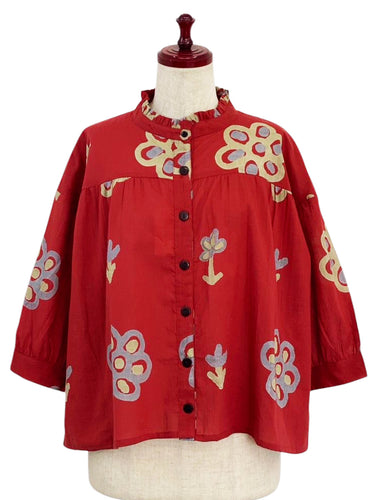 Frilled Collared Jacket - Bloom Print - Red