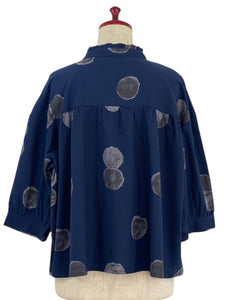 Frilled Collared Jacket - Watercolor Circles Print - Dark Blue