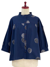 Frilled Collared Jacket - Watercolor Circles Print - Dark Blue