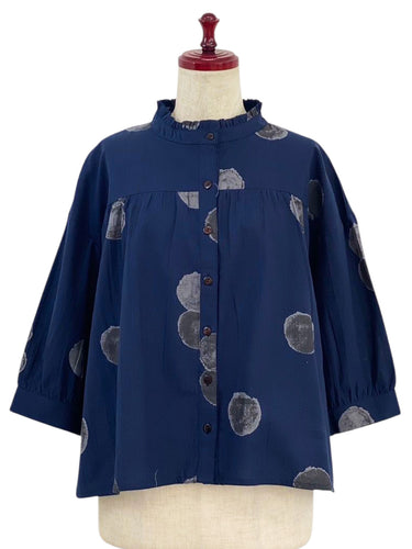 Frilled Collared Jacket - Watercolor Circles Print - Dark Blue