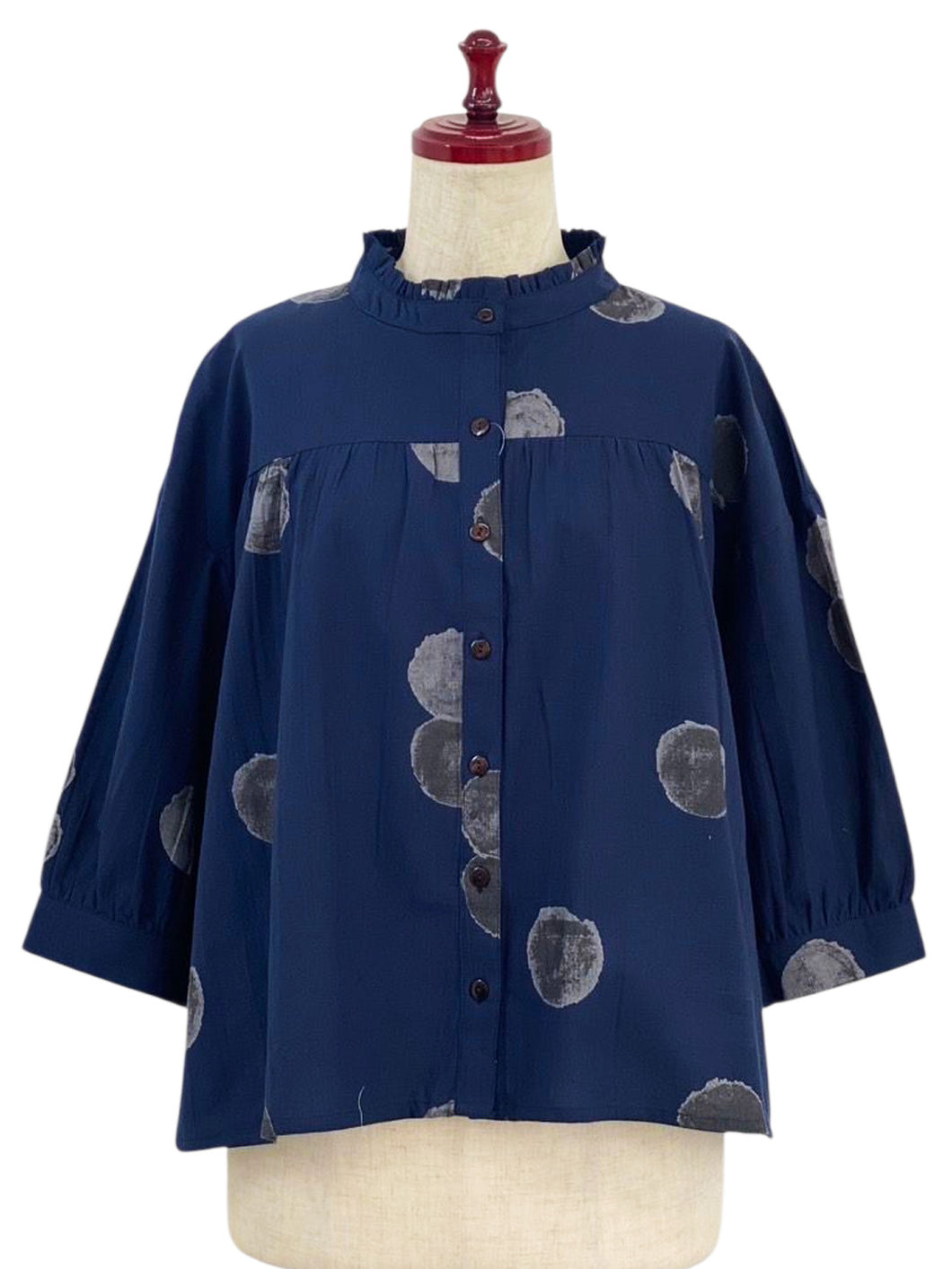 Frilled Collared Jacket - Watercolor Circles Print - Dark Blue