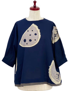 Layered Hem Pullover - Melon Print - Dark Blue