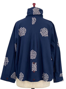 Stand Collar Tuck Jacket - Kasumi Flower Print - Dark Blue