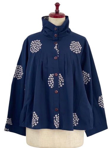 Stand Collar Tuck Jacket - Kasumi Flower Print - Dark Blue