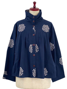 Stand Collar Tuck Jacket - Kasumi Flower Print - Dark Blue