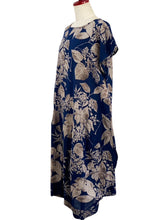 Asymmetrical Tuck Dress - Botanical Print - Dark Blue
