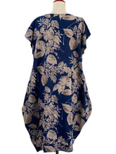 Asymmetrical Tuck Dress - Botanical Print - Dark Blue