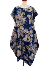 Asymmetrical Tuck Dress - Botanical Print - Dark Blue