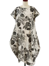Asymmetrical Tuck Dress - Botanical Print - Light Grey