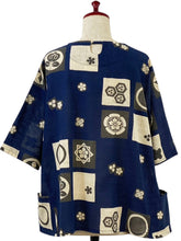 Button Accent Crop Jacket - Kamon Print - Dark Blue