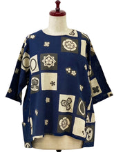 Button Accent Crop Jacket - Kamon Print - Dark Blue