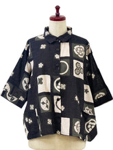 Button Accent Crop Jacket - Kamon Print - Dark Blue