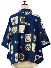 Button Accent Crop Jacket - Kamon Print - Dark Blue