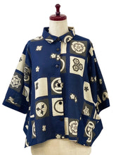 Button Accent Crop Jacket - Kamon Print - Dark Blue