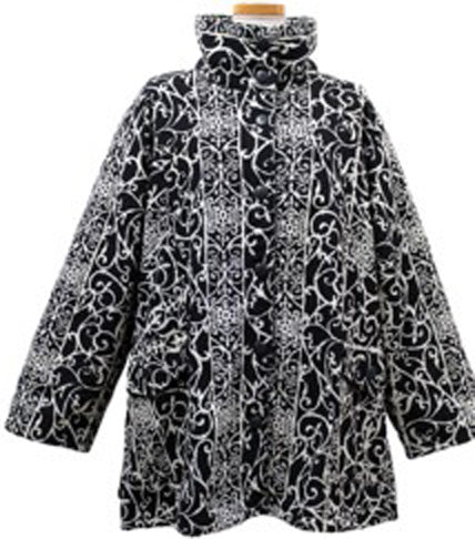 Cowl Neck Jacket - Fleece Lined - Vintage Print - Black