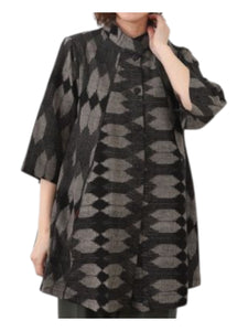 Mao Collar Jacket - Ikat Line Print - Black