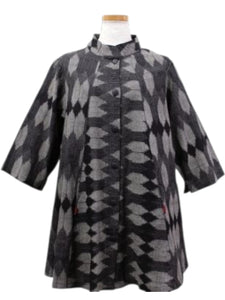 Mao Collar Jacket - Ikat Line Print - Black