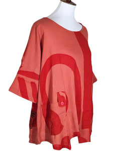 Tab Pocket Top - Big Butterfly Print - Orange Brick