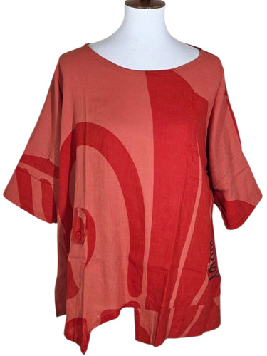 Tab Pocket Top - Big Butterfly Print - Orange Brick