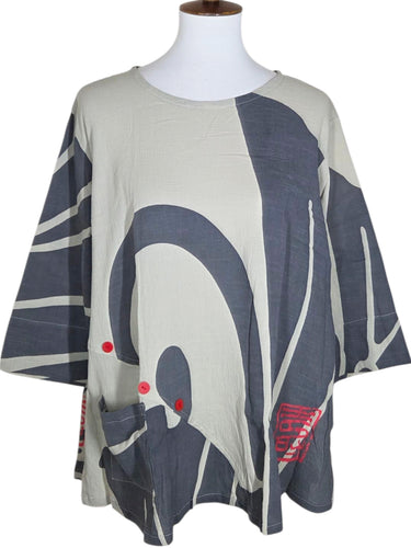 Button Top - Big Butterfly Print - Silver
