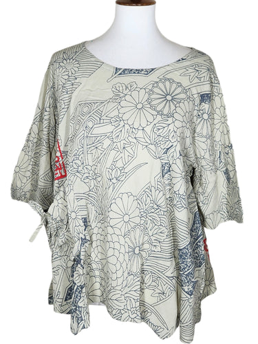 A-Line Blouse - Japanese Kimono Print - Silver