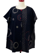Button Front Tunic - Shippo/Multi Rings Print with Sashiko - Black