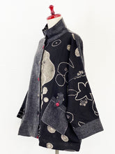 Cowl Neck Jacket - Botanical Print Panel with Sashiko - Black