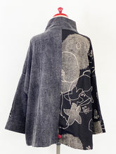 Cowl Neck Jacket - Botanical Print Panel with Sashiko - Black