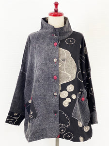 Cowl Neck Jacket - Botanical Print Panel with Sashiko - Black