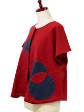 Button Front Crop Top - Solid/Patch with Sashiko - Red