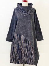 Cowl Neck Dress - Solid/Rutile Print with Sashiko - Black