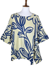 Side Slit Blouse - Natural Color - Daisy Paint Print - Azure Blue