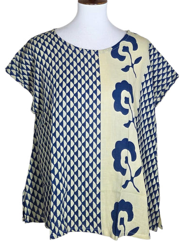 T-Top - Natural Color - Flower Dot Print - Azure Blue