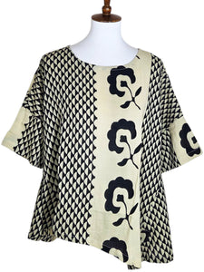 Side Slit Blouse - Natural Color - Flower Dot Print - Black