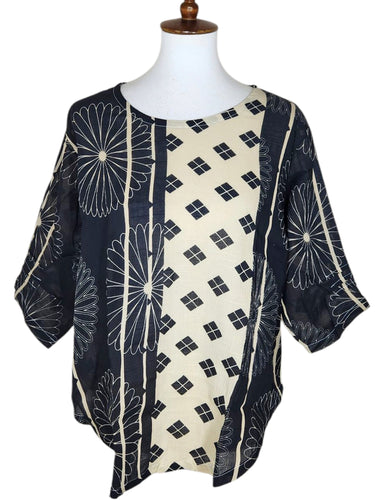 Essential Blouse - Natural Color - Kiku Print - Black