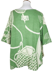 A-Line Blouse - Natural Color - Obi Print - Basil Green
