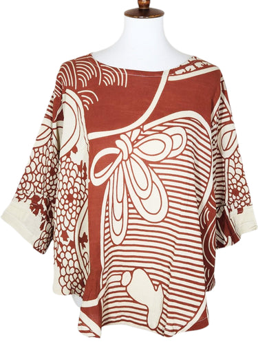 Essential Blouse - Natural Color - Obi Print - Coral Brown