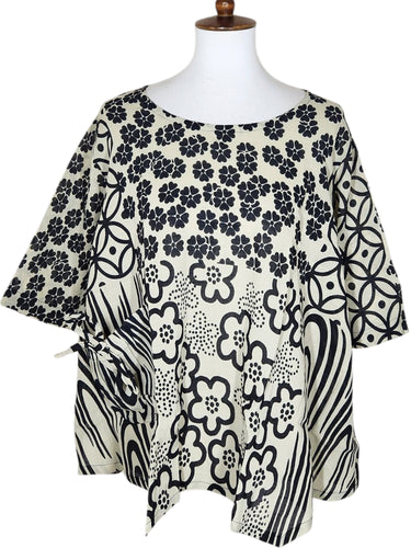 A-Line Blouse - Natural Color - Patch Swatch Print - Black
