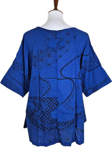 Side Slit Blouse - Kimono Wave Print - Indigo