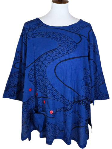 Button Top - Kimono Wave Print - Indigo