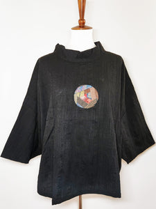 Cowl Neck Asymmetrical Pullover - Poly - Vintage Patchwork - Black