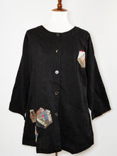 Long Sleeve Button Front Top - Poly - Vintage Patchwork - Black